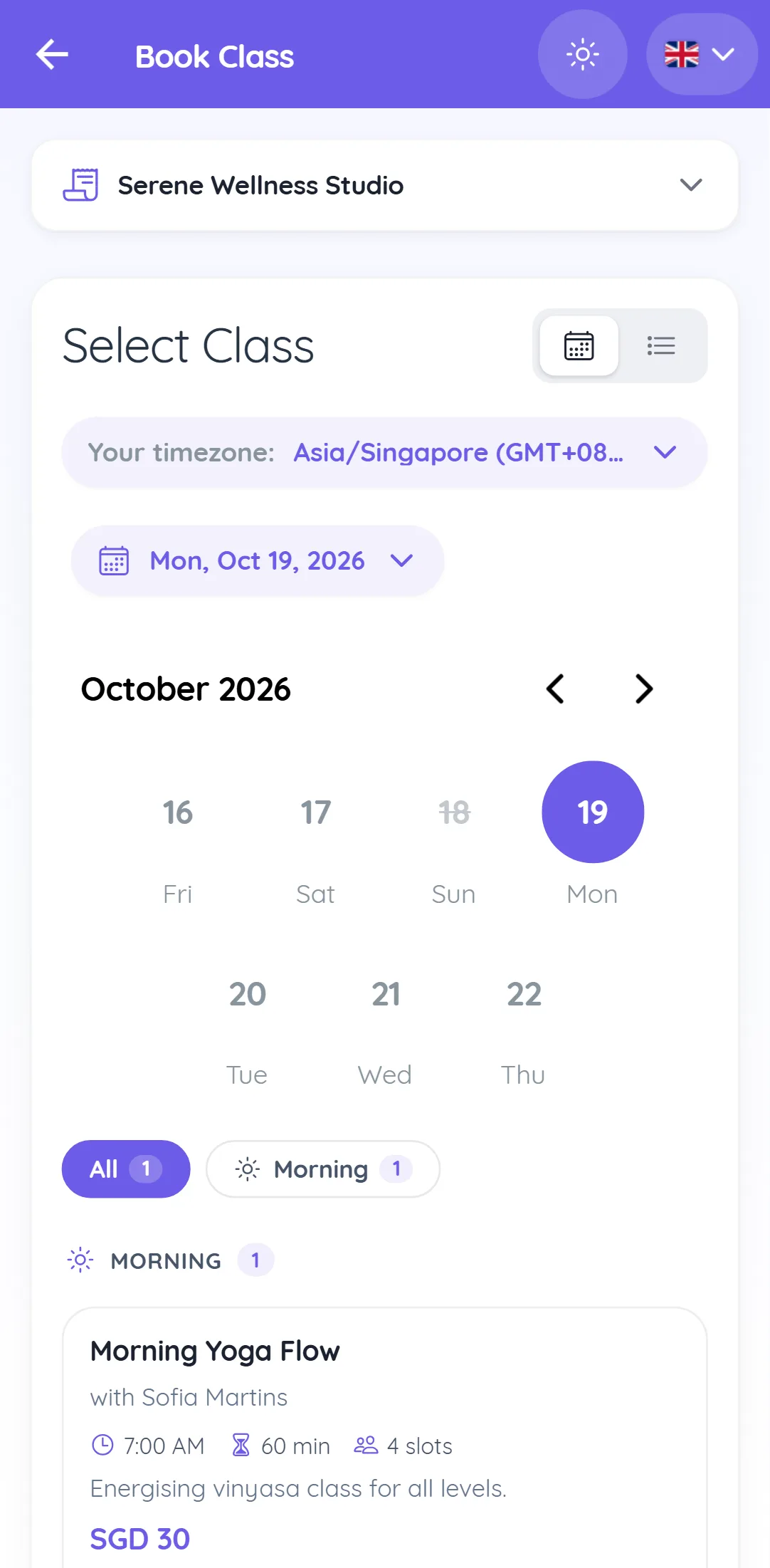 Booking portal on a phone showing the class schedule by date with a Morning Yoga Flow session and the slots left