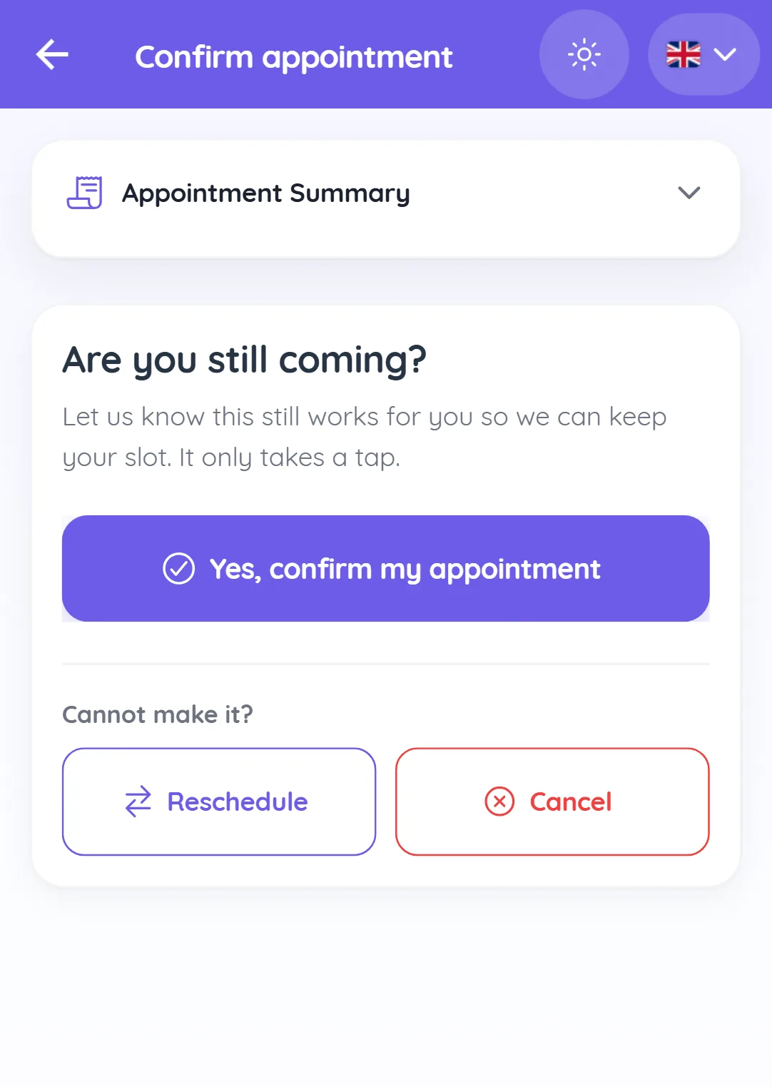 Client confirmation page on a phone asking Are you still coming with a Yes, confirm my appointment button