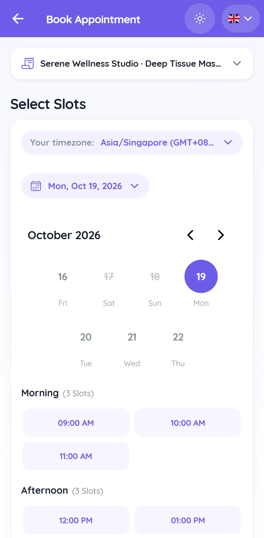 Booking portal on a phone showing the Select Slots step with a date strip and available morning times