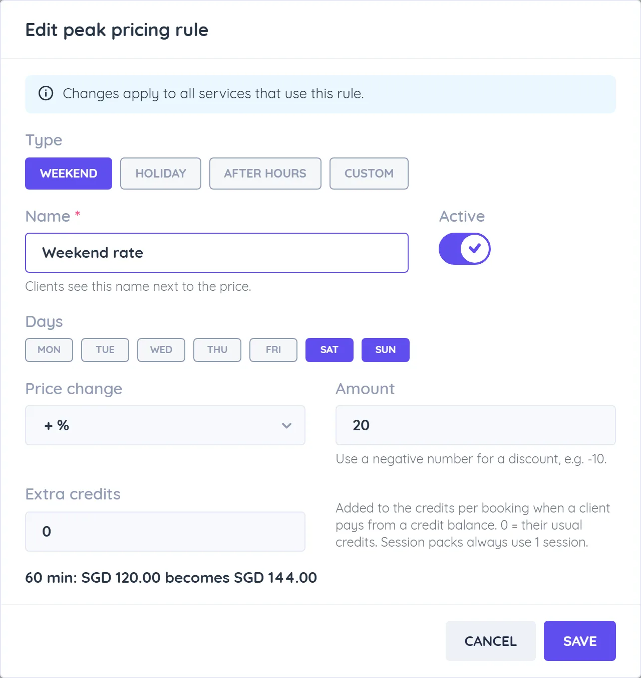 Add a peak pricing rule dialog with Use for, Type buttons Weekend, Holiday, After hours and Custom, Name, Days, Price change and Extra credits