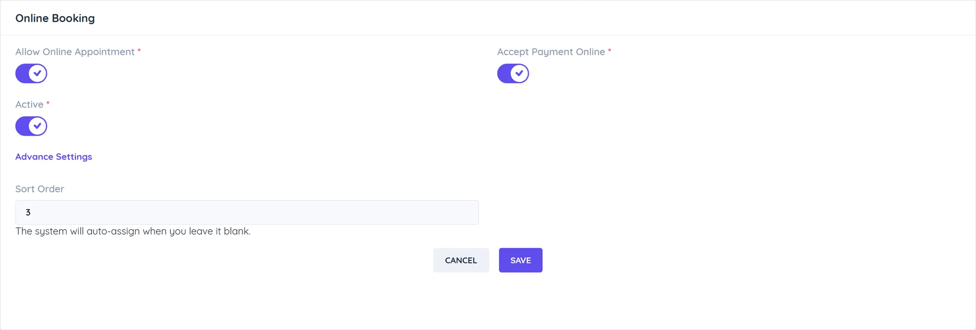 Online Booking card of a service with Allow Online Appointment, Accept Payment Online and Active turned on