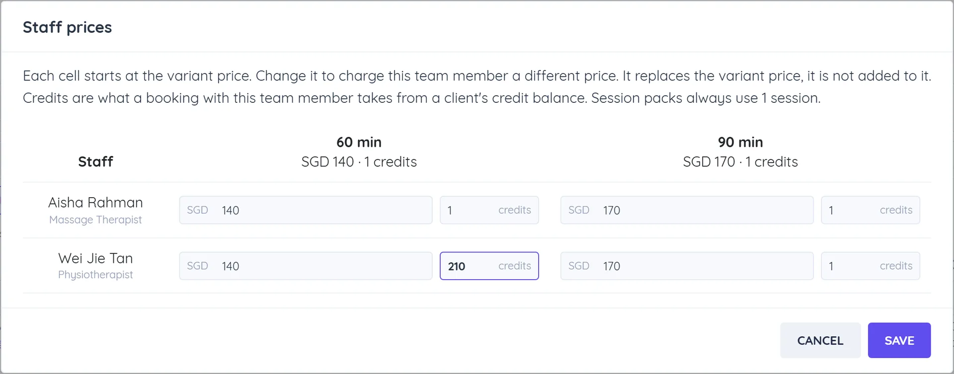 Staff prices dialog with a row per team member and a price cell for each variant, one cell changed
