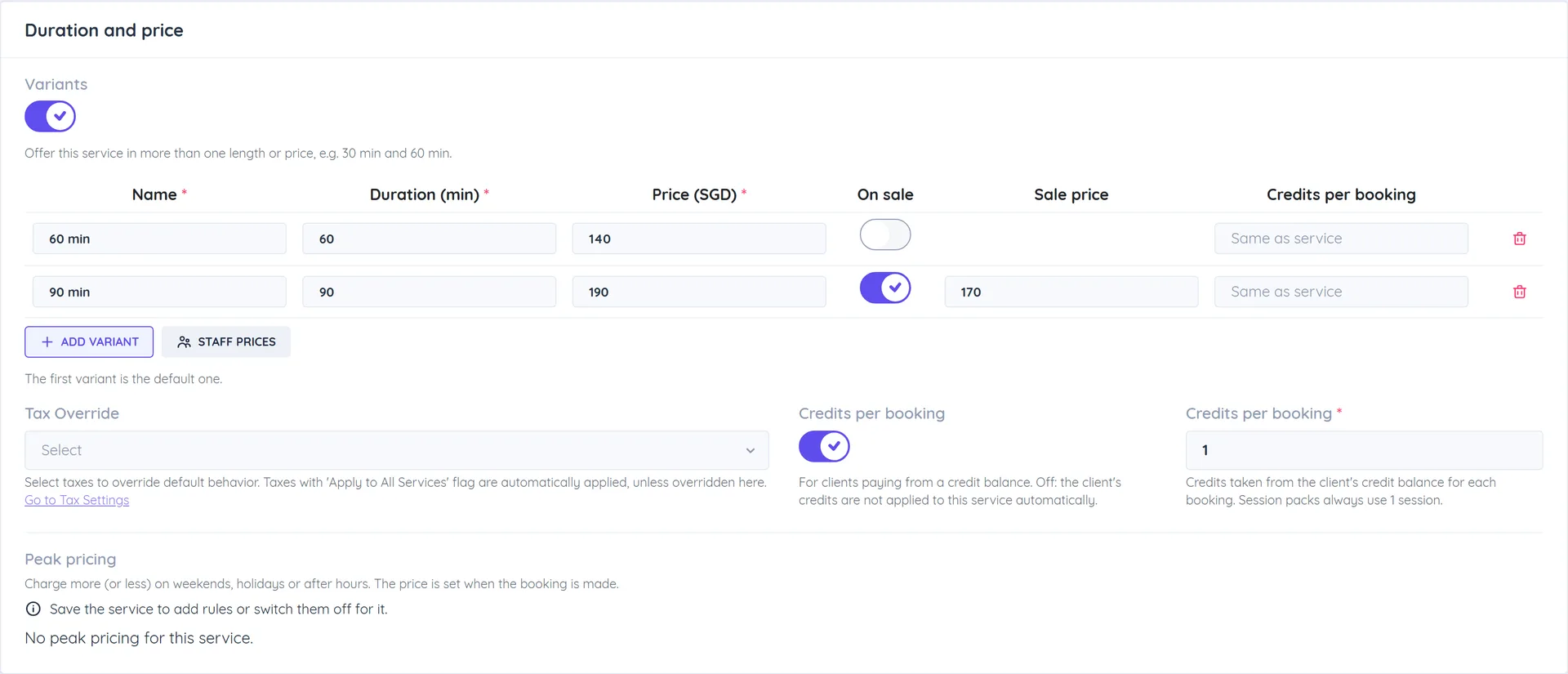 Duration and price card of a service with Variants turned on and two rows, 60 min and 90 min, each with a duration, price and On sale switch