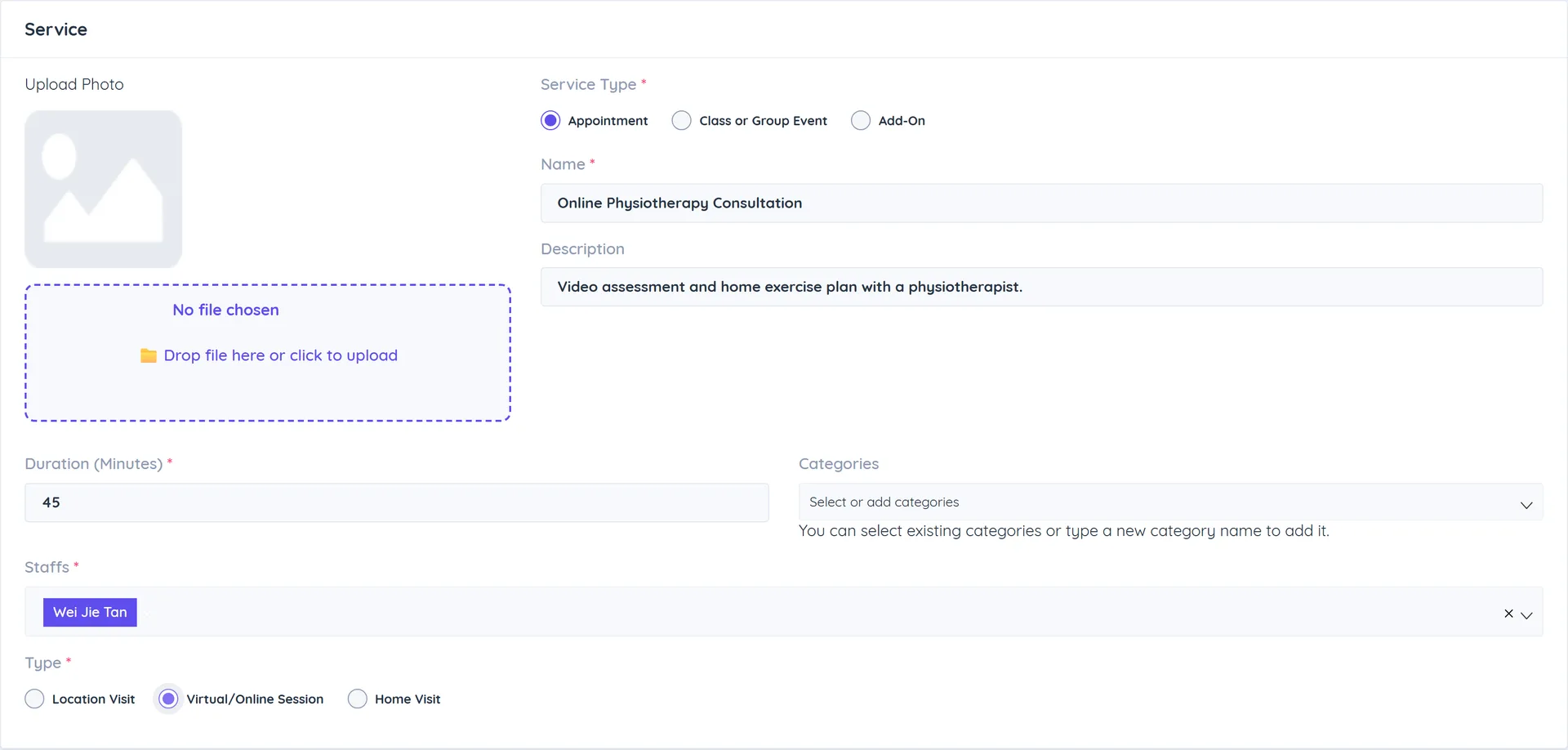 Service form with the Type set to Virtual/Online Session