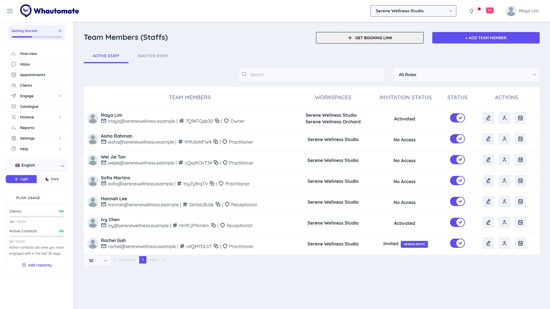 Team Members list with Active Staff and Inactive Staff tabs, each row showing the team member, workspaces, invitation status, status toggle and actions