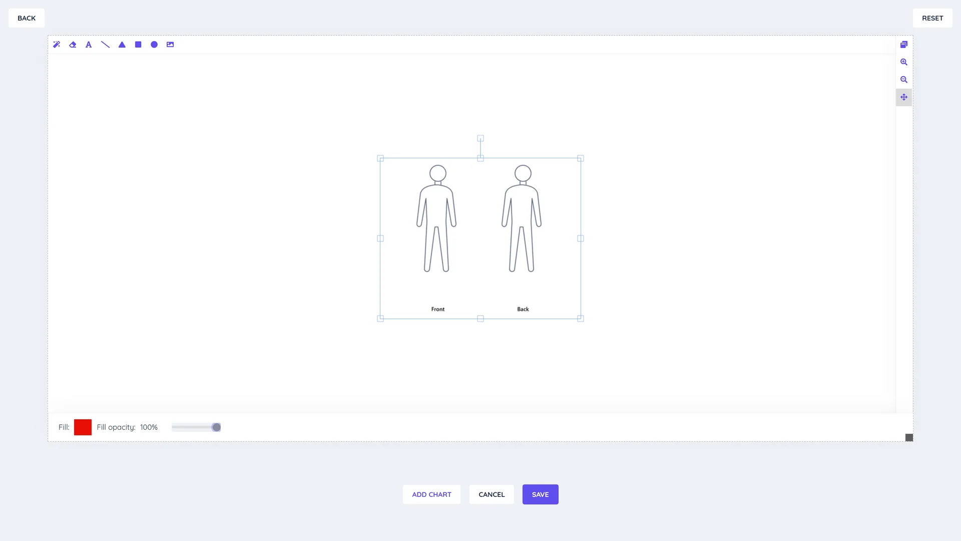 Chart editor with a blank canvas, the drawing tools and the Fill, Font color and opacity controls