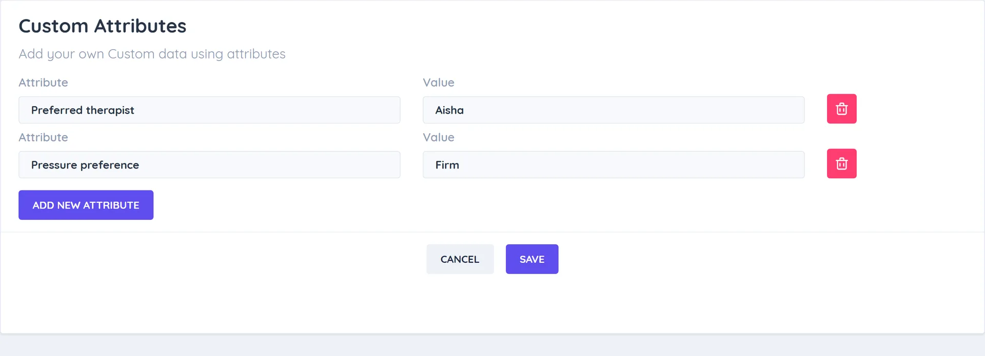 Custom Attributes on a client profile with Pressure preference set to Firm and Preferred therapist set to a staff name
