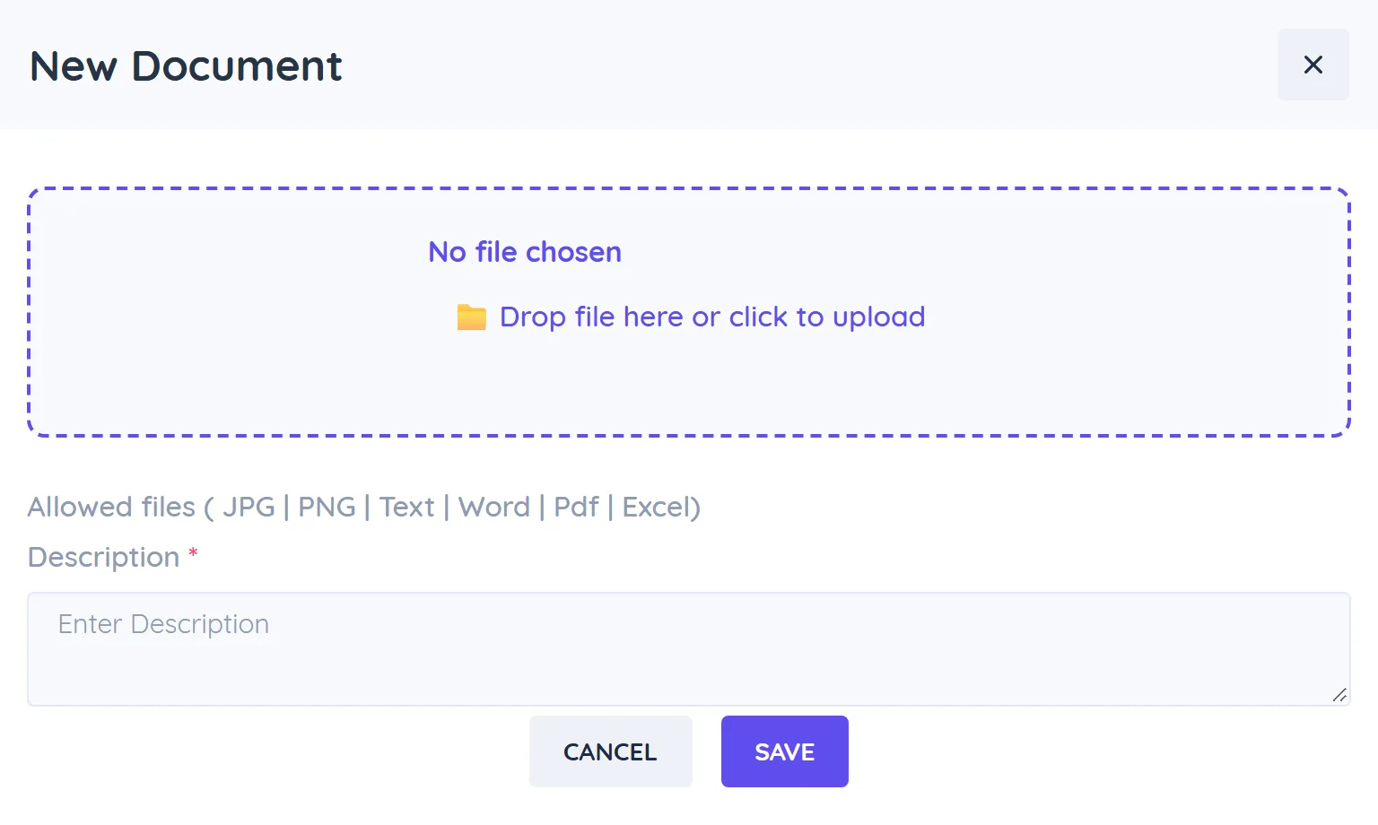 New Document window with the file picker, allowed file types and the Description field