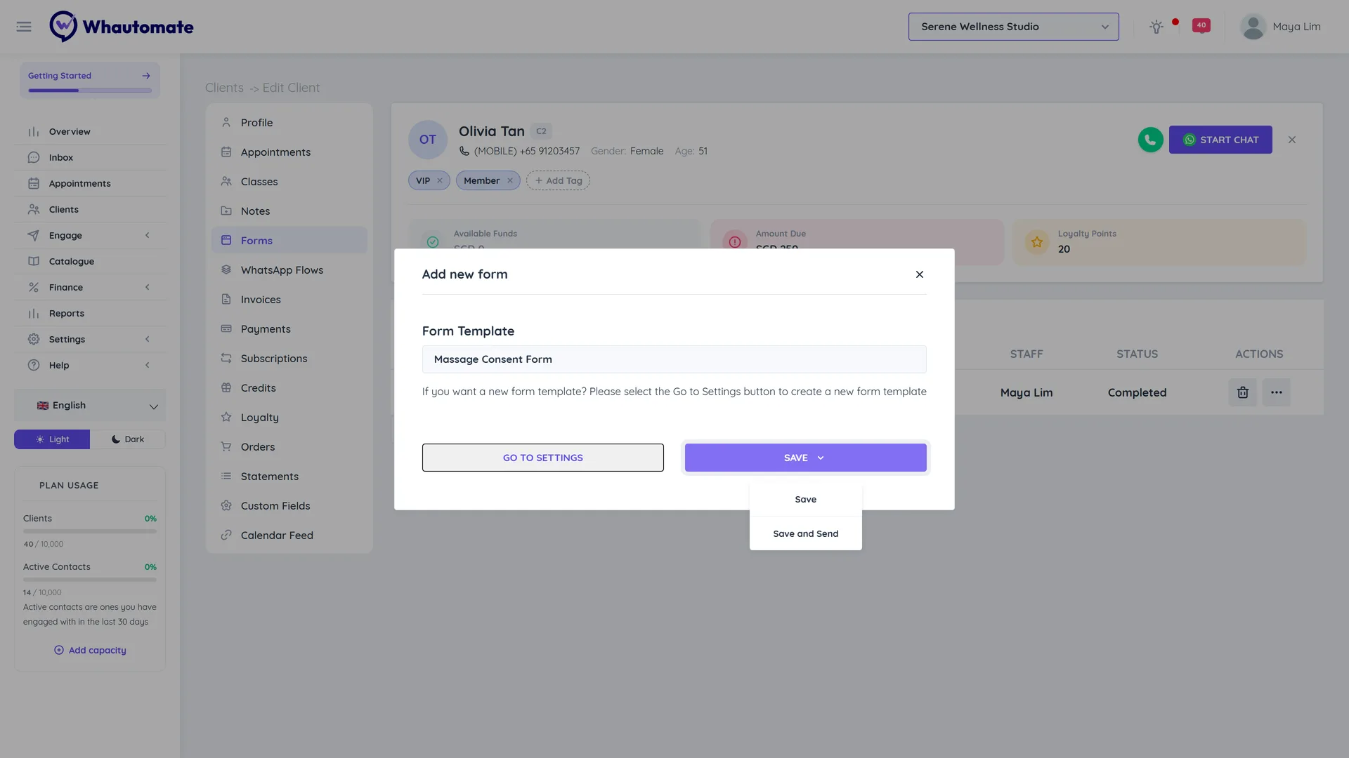 Add new form window on a client's Forms tab with the Form Template search and the Save menu showing Save and Save and Send