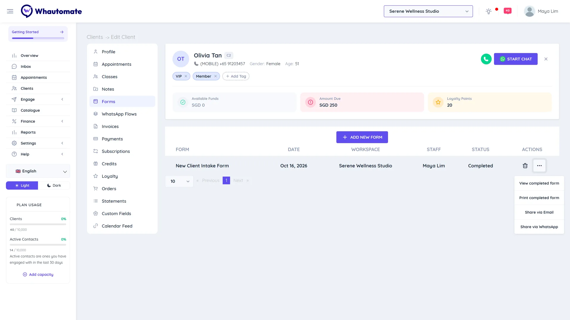 Forms tab of a client profile listing the New Client Intake Form as completed with the More Actions menu open