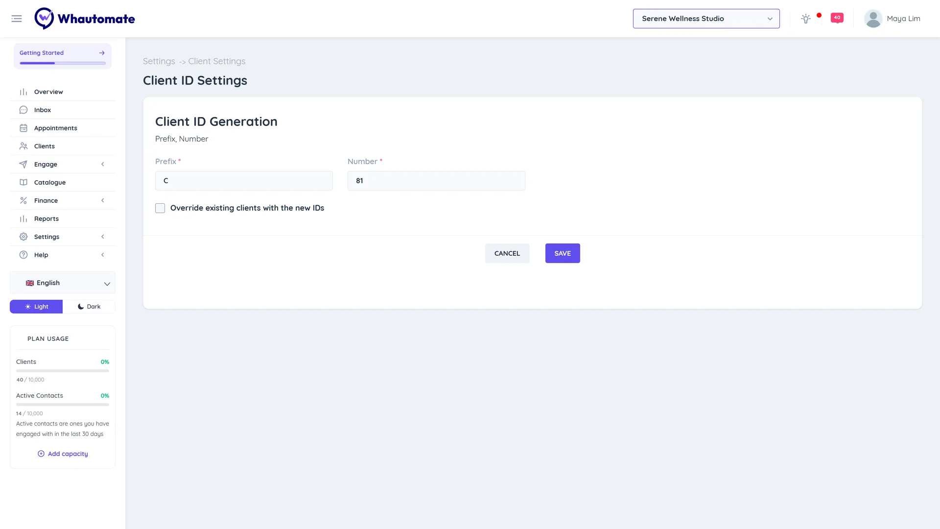 Client ID Settings with a prefix and starting number
