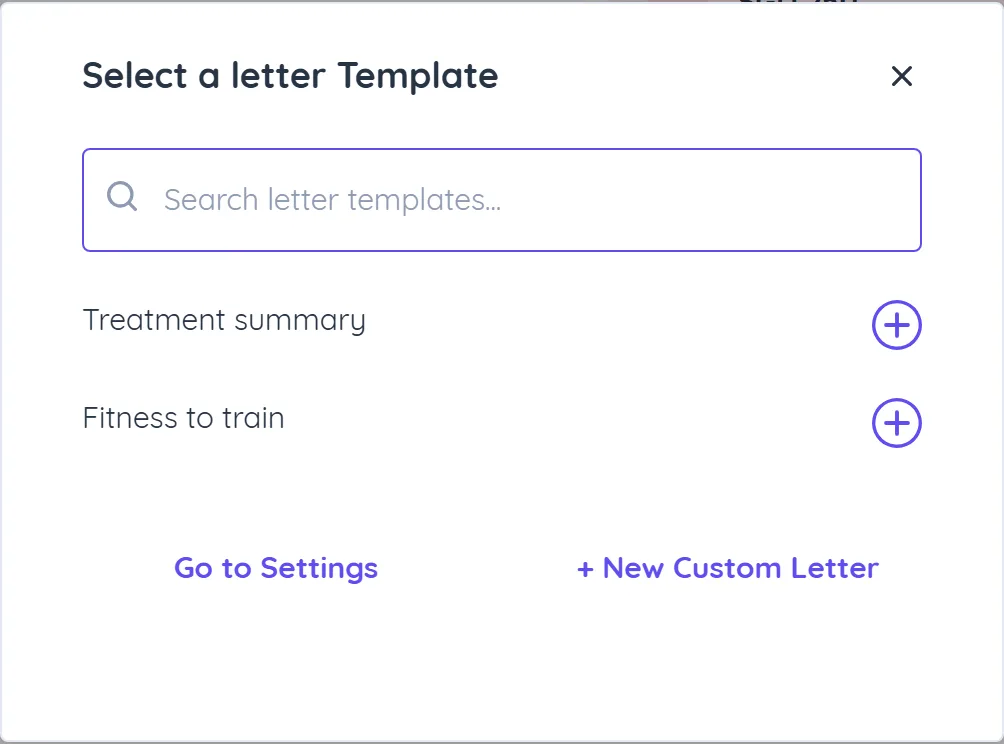 Select a letter Template window on a client's Notes tab with templates listed and a New Custom Letter button