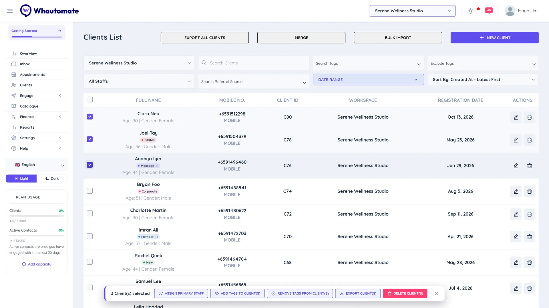 Three clients selected in the client list with the bulk action bar showing Assign Primary Staff, Add Tags to Client(s), Remove Tags from Client(s), Export Client(s) and Delete Client(s)