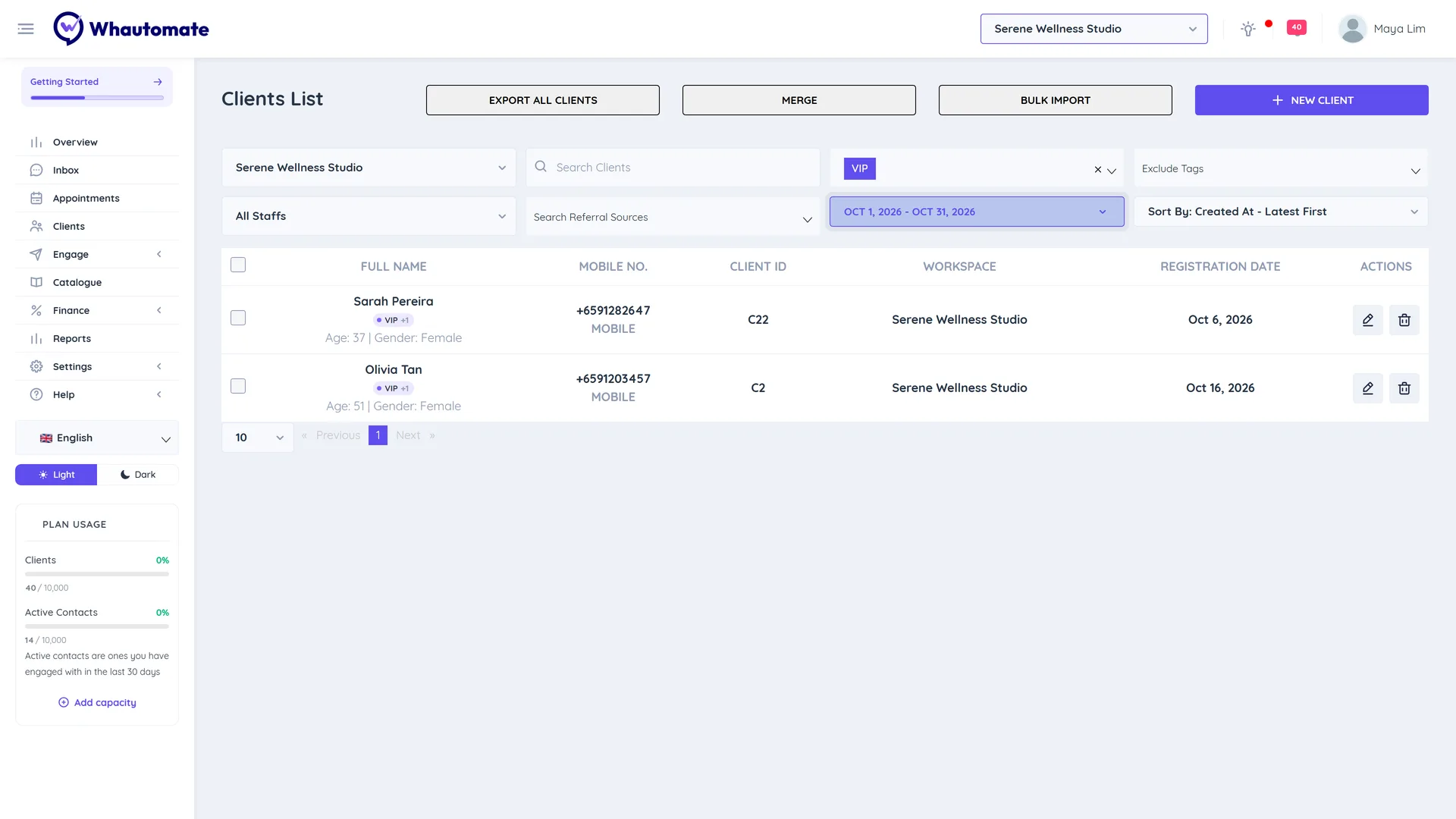 Client list filters with the VIP tag selected in Search Tags and a registration date range applied