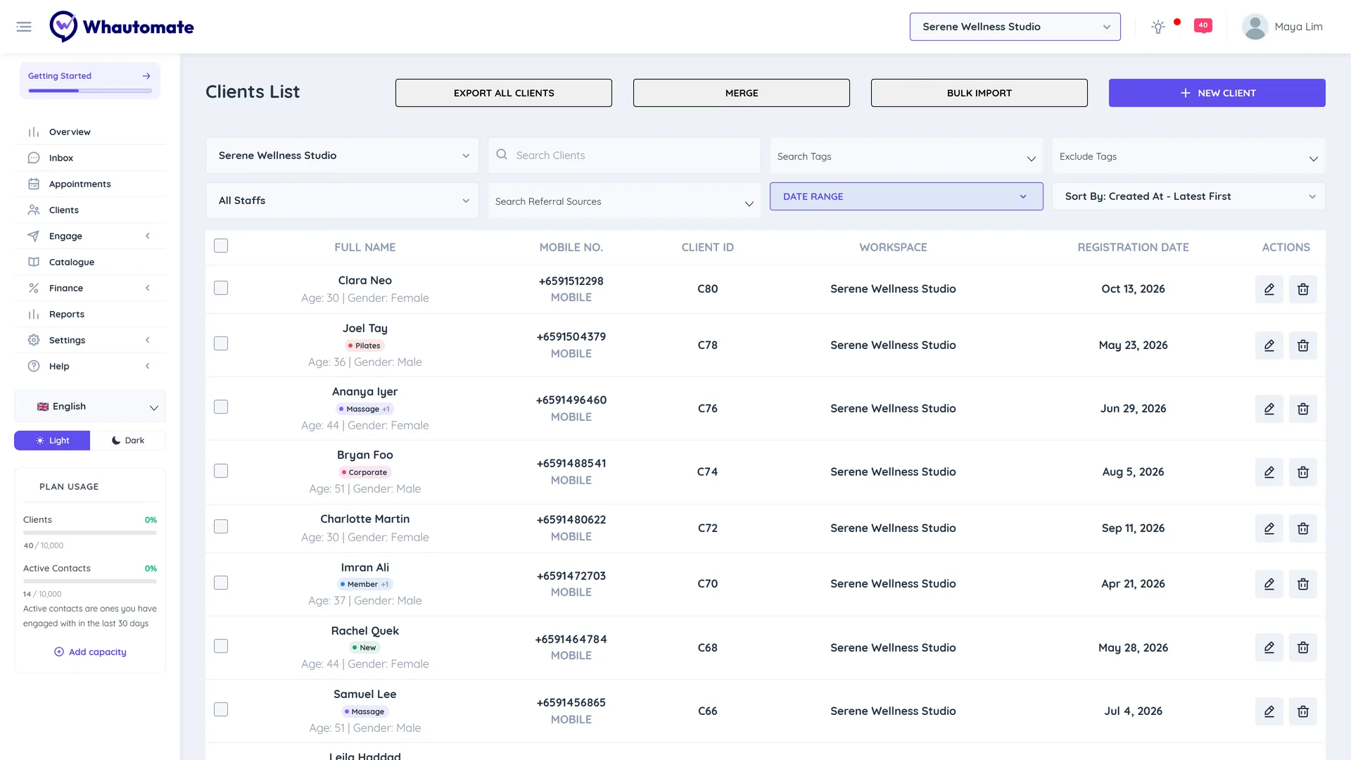 Clients List showing clients such as Clara Neo and Joel Tay with their tags, mobile number, client ID, workspace and registration date