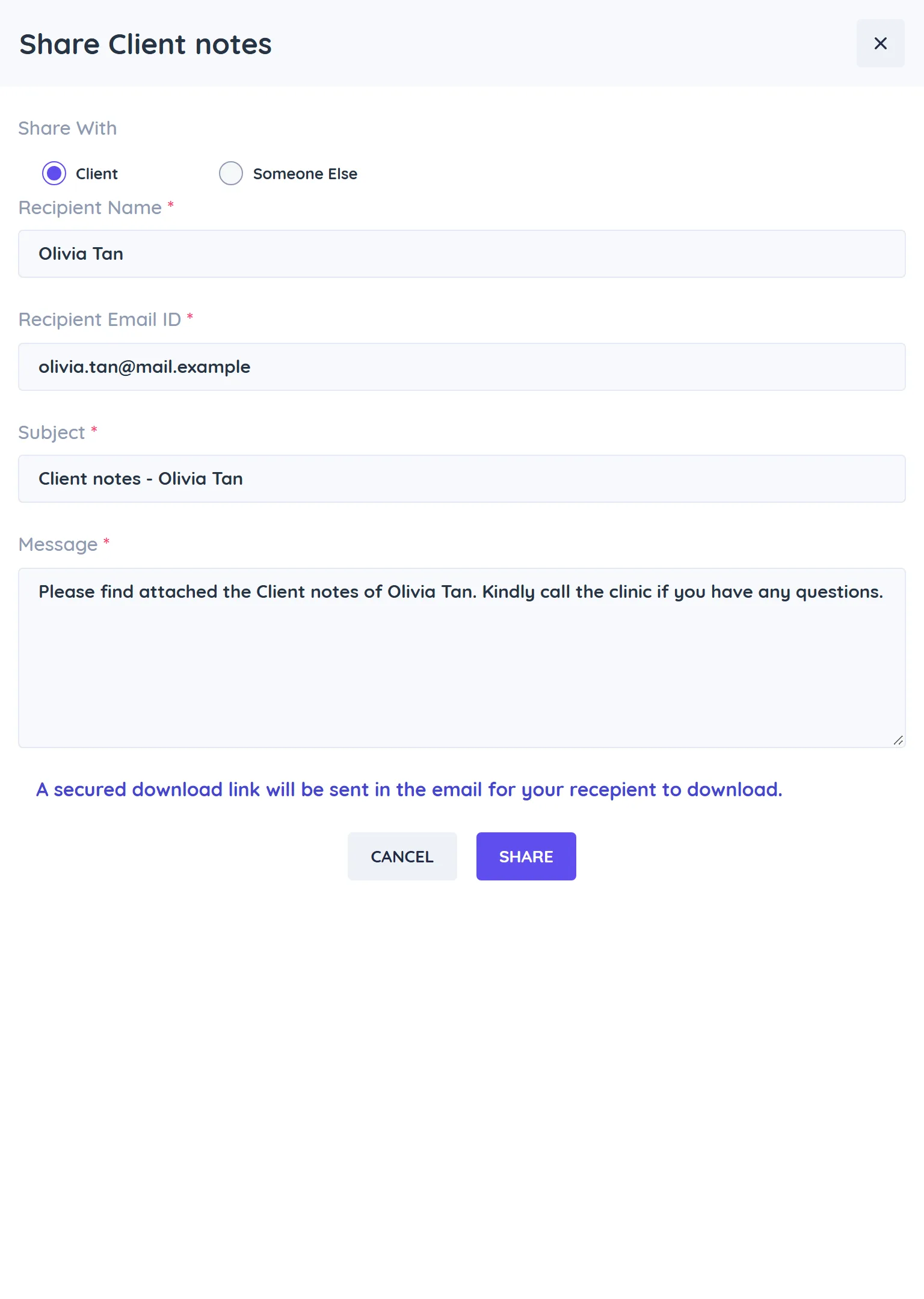 Share dialog for client notes with Share With set to Client and the Subject and Message fields