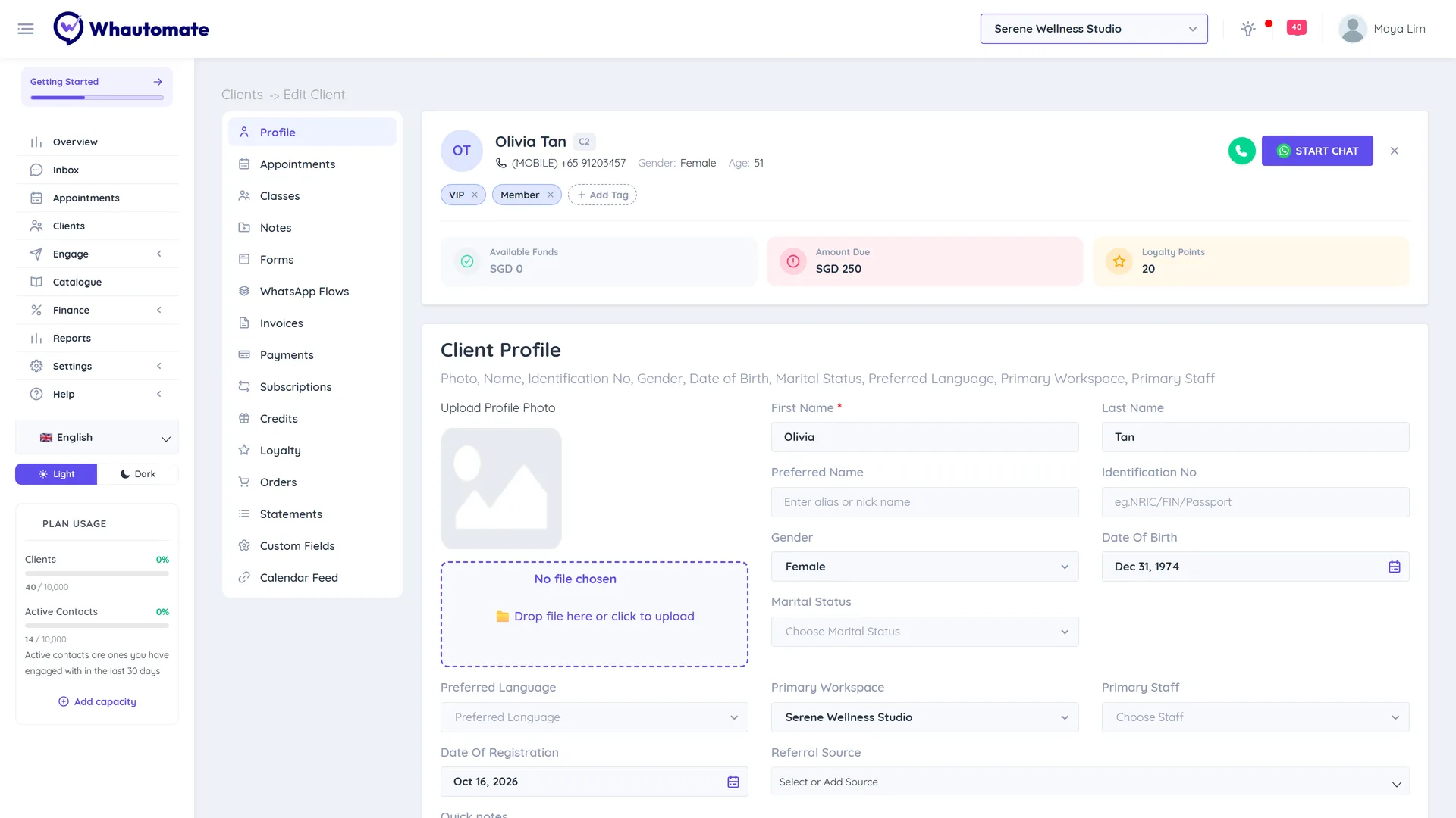 Client profile of Olivia Tan with the VIP and Member tags, Start Chat button, funds and loyalty tiles, and the profile tabs on the left