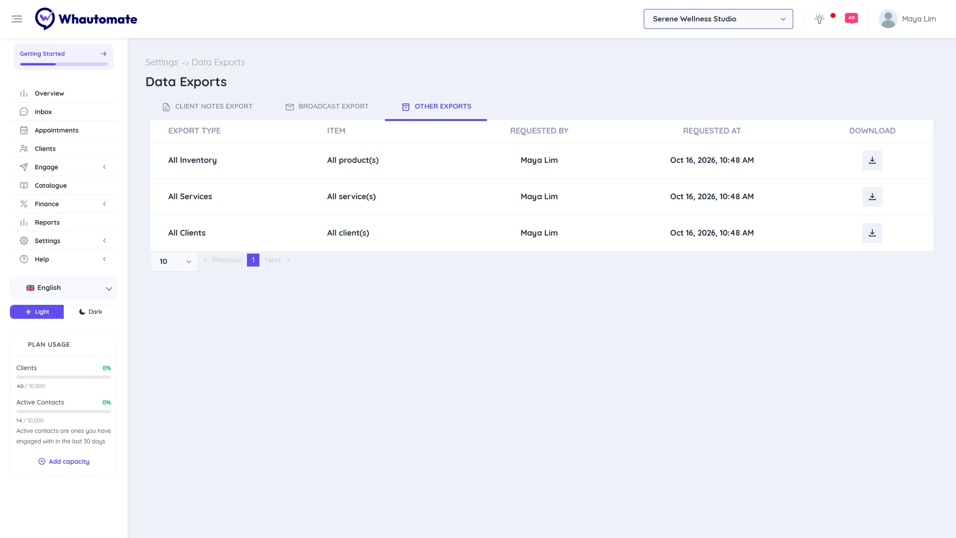 Data Exports on the Other Exports tab with the export type, item, requested by, requested at and download columns