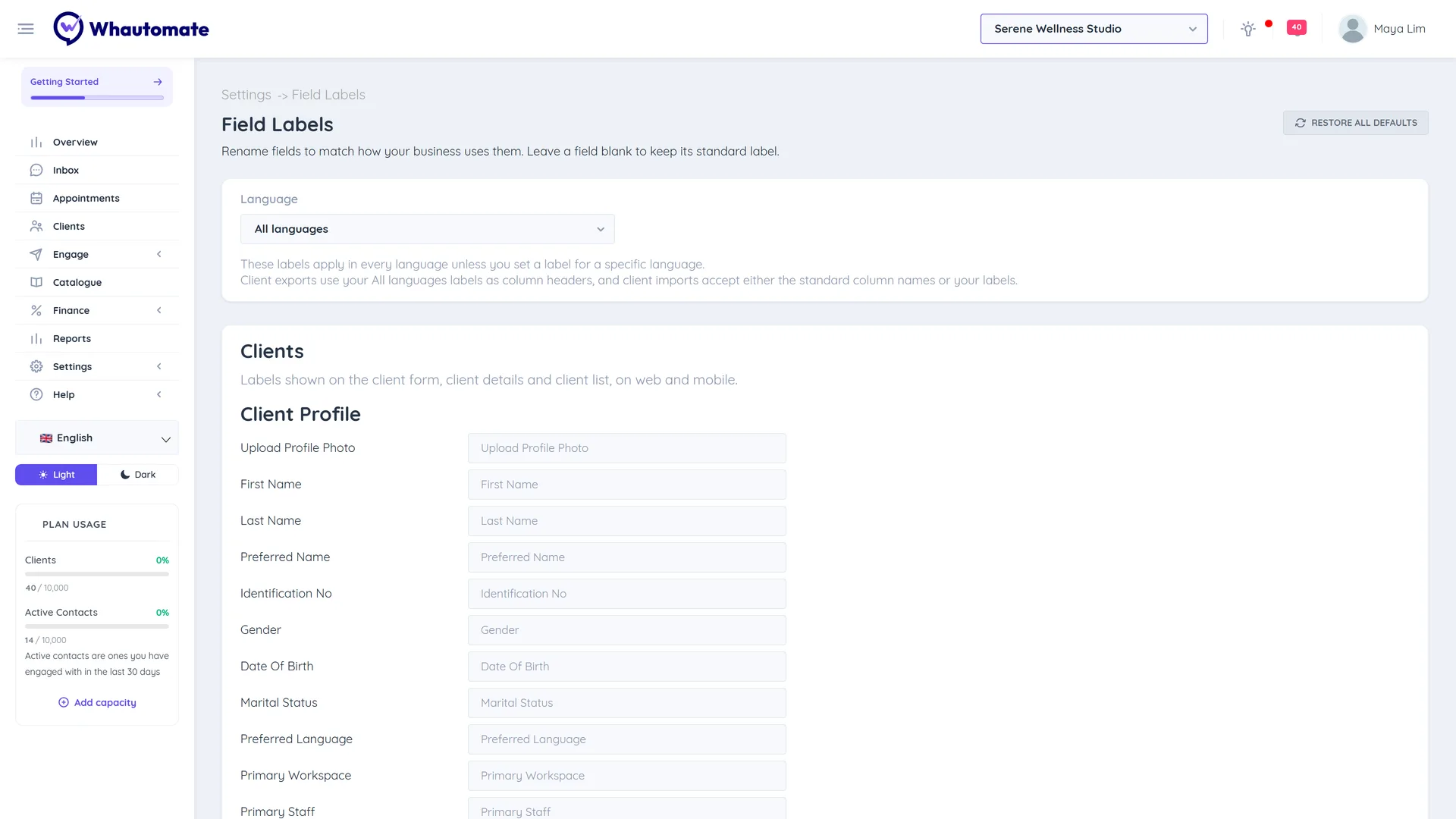 Field Labels settings with Language set to All languages and the Client Profile fields ready to rename