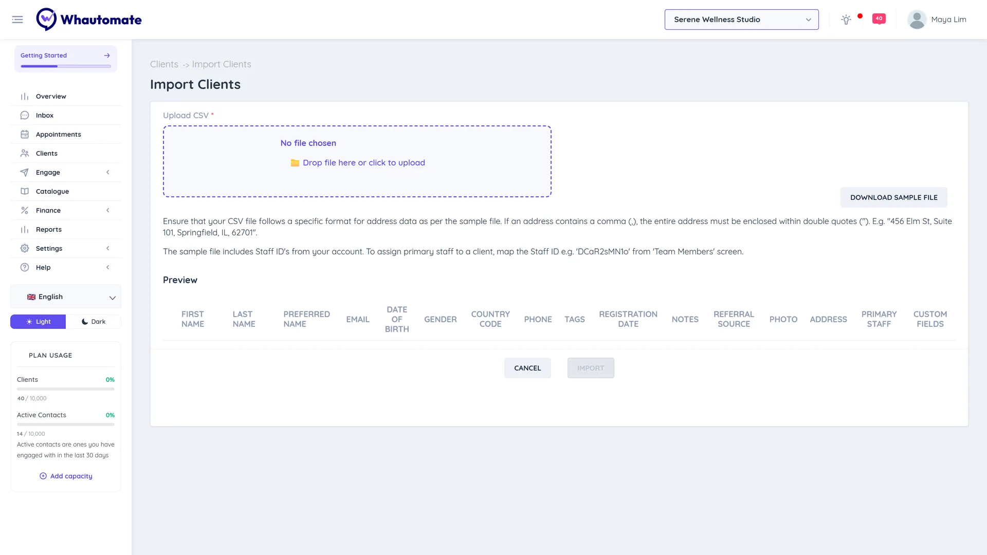 Import Clients screen with Upload CSV, Download Sample file and the Preview table of rows to import