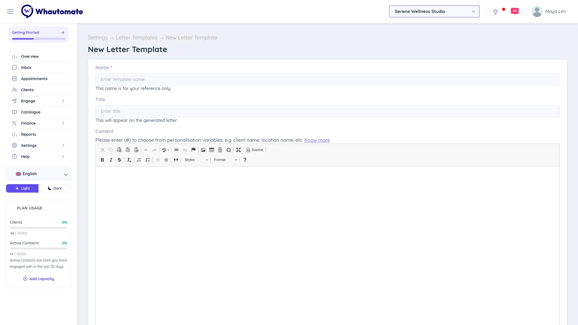 New Letter Template form with Name, Title, Content with variables and the Active switch