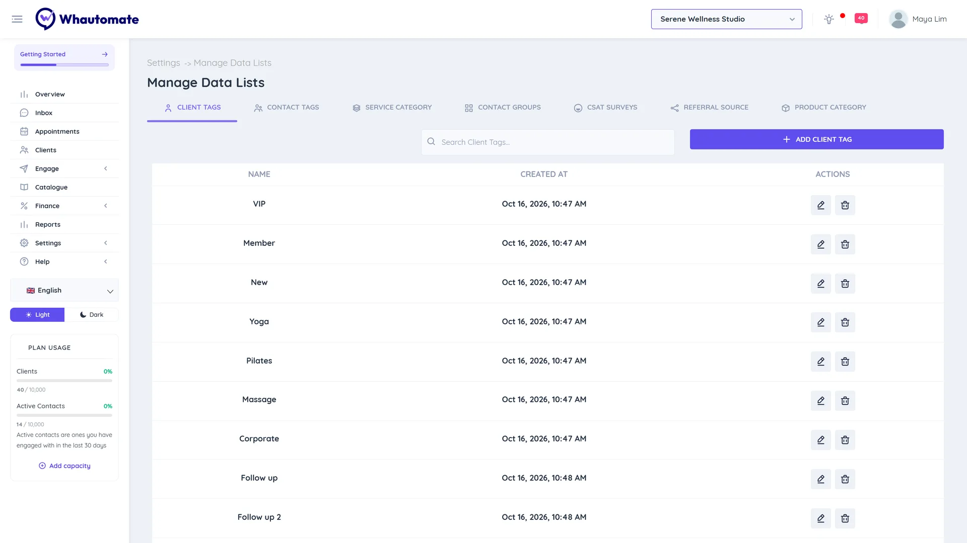 Manage Data Lists on the Client Tags tab listing VIP, Member, New, Yoga, Pilates, Massage and Corporate
