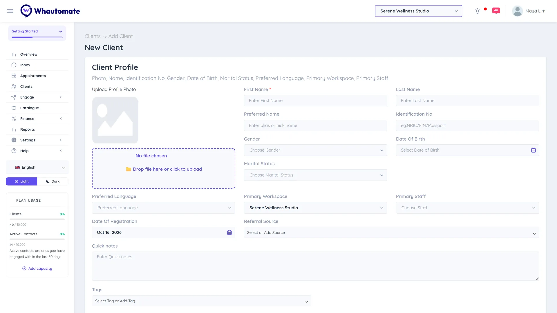 New Client form open on the Client Profile section with the photo upload, name, gender, date of birth, workspace, staff and referral source fields