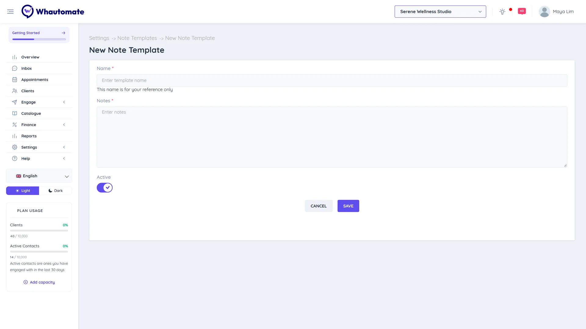 New Note Template form with Name, Notes and the Active switch