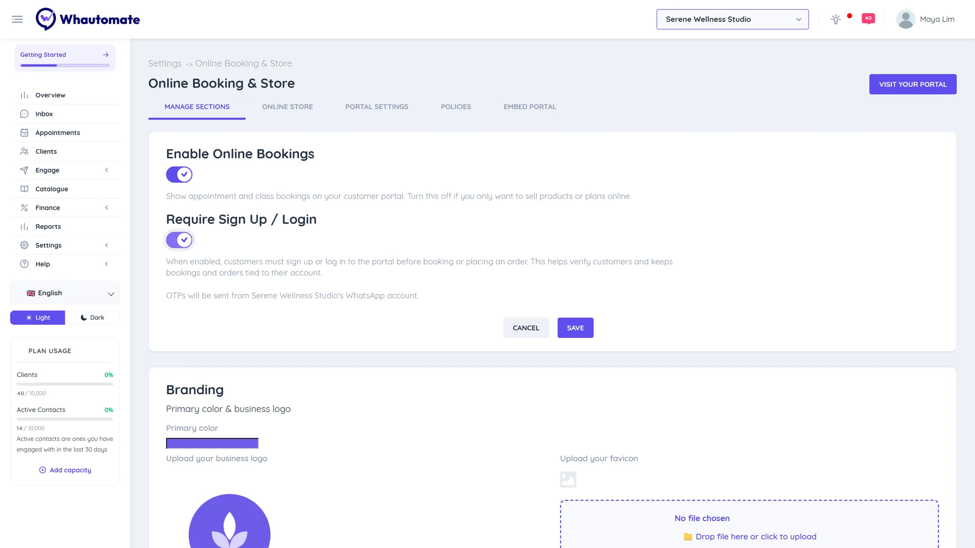 Manage Sections tab with the Require Sign Up / Login switch turned on