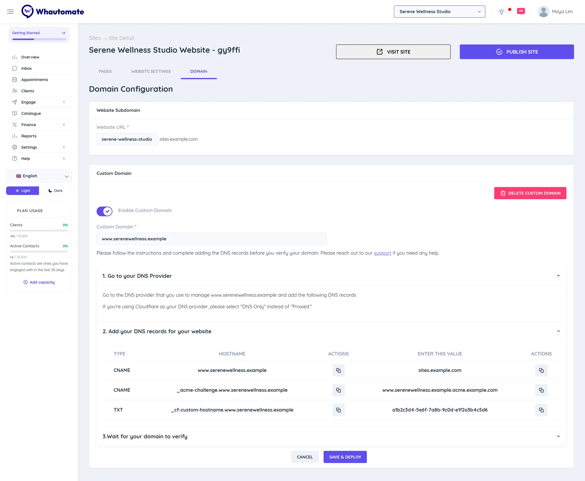 Domain Configuration with the Website URL subdomain, a custom domain switched on and the DNS records to add at your DNS provider