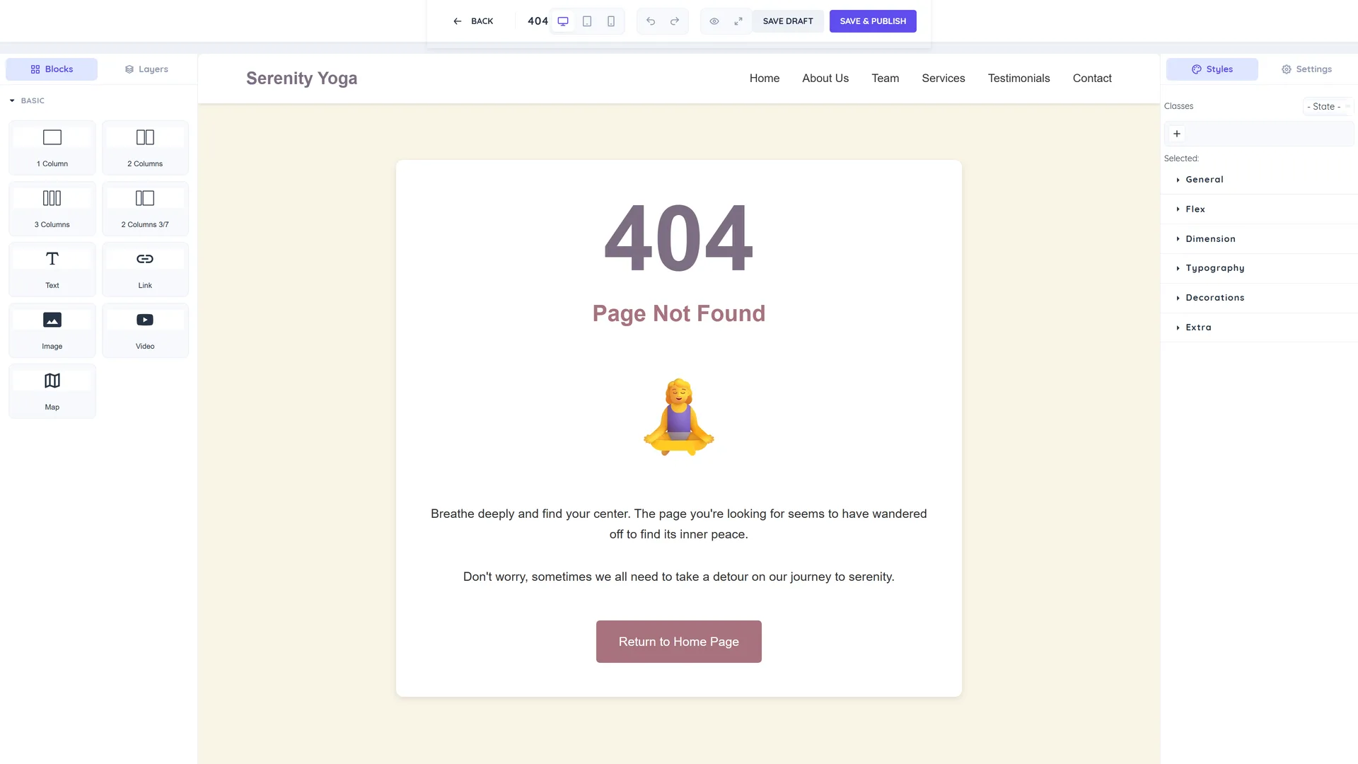 Drag-and-drop page editor showing the home page of a website created from a template