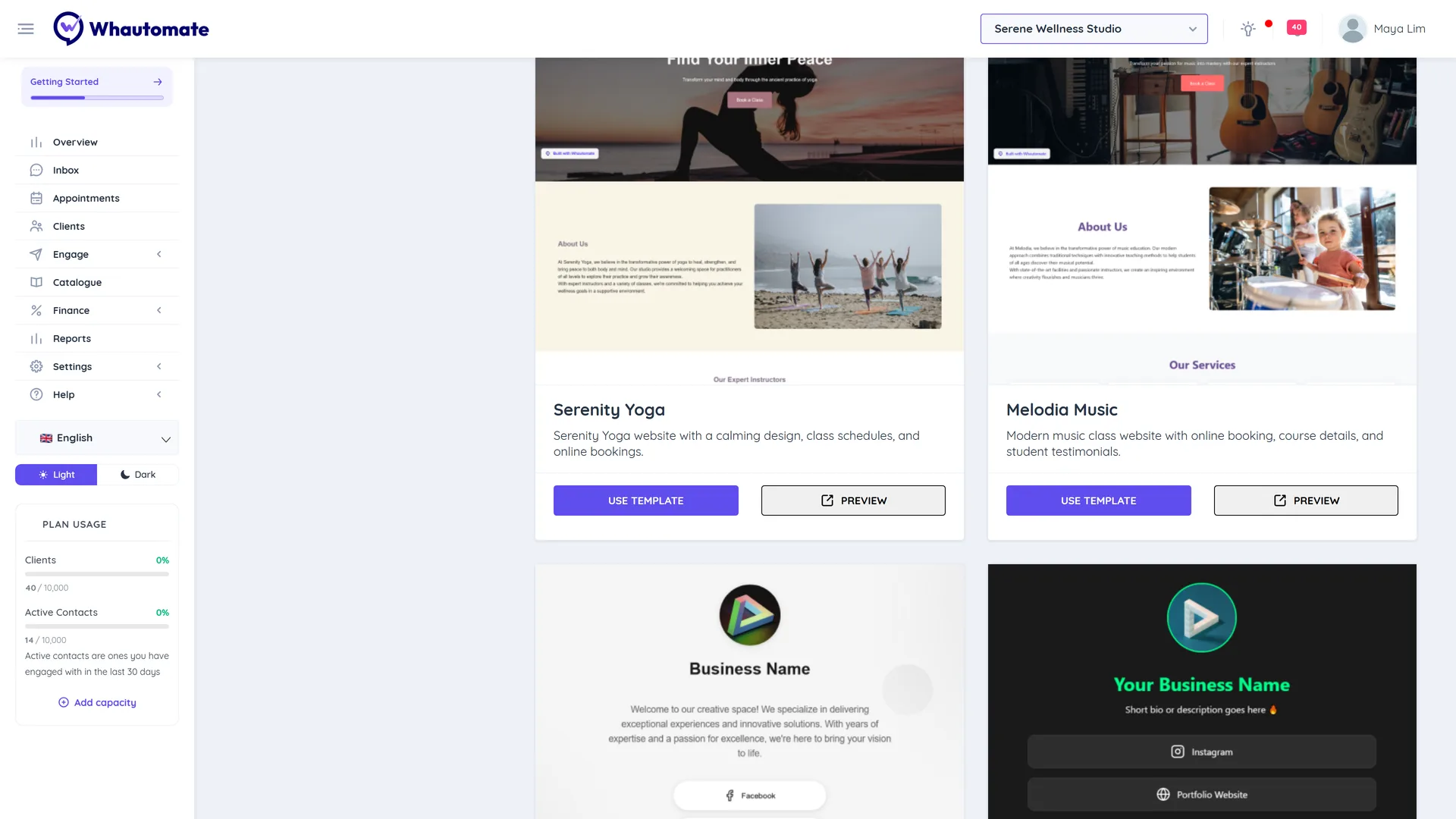 Select Template screen with website templates, a category filter and Use Template and Preview buttons