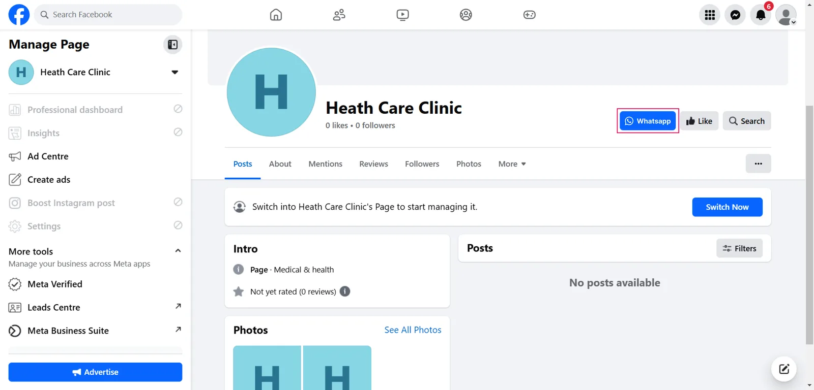A Facebook Page with the WhatsApp action button next to Like