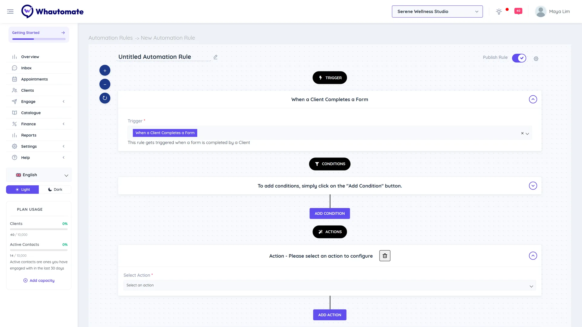 New automation rule with the When a Client Completes a Form trigger selected