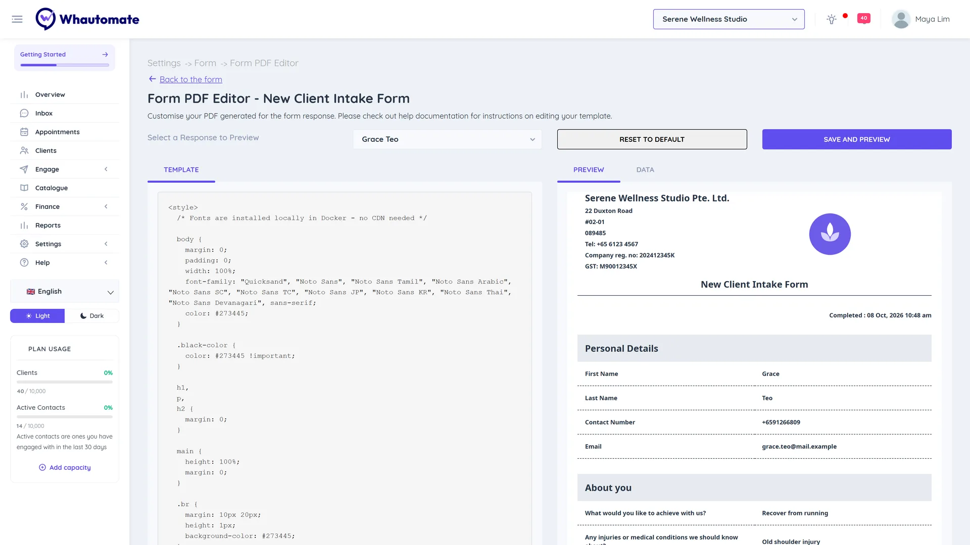Form PDF Editor with the Template tab, the response selector and the Save and Preview and Reset to Default buttons