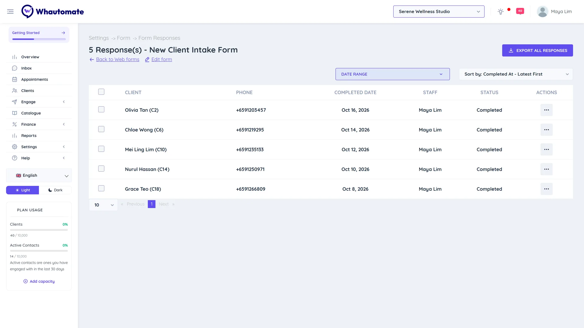 Form responses for New Client Intake Form listing 5 responses with client, phone, completed date and status