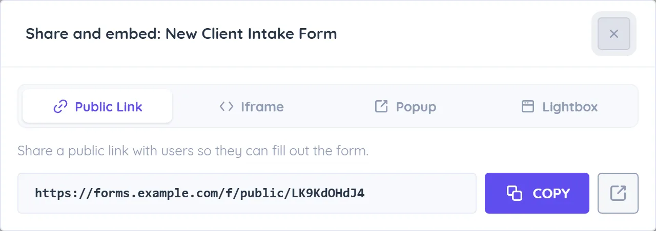 Share and embed dialog for New Client Intake Form with Public Link, Iframe, Popup and Lightbox options