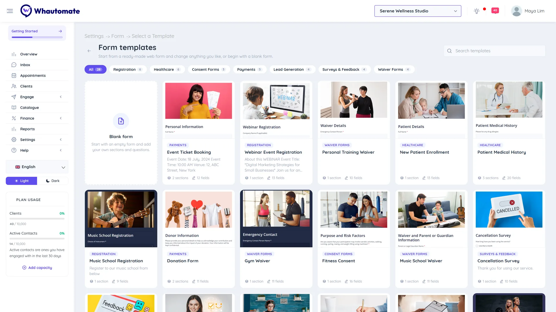 Form templates gallery with category filters, a Blank form card and ready-made web form templates