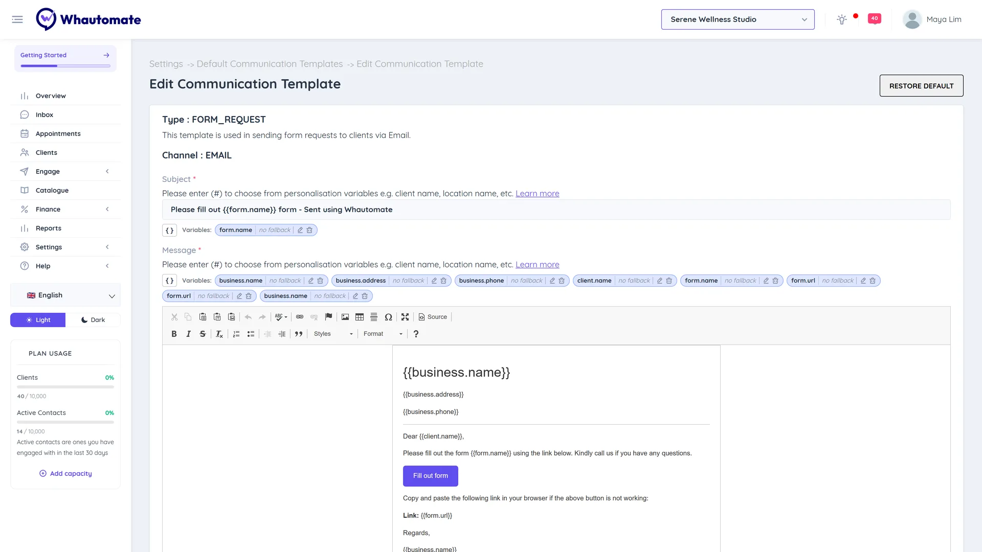 Default communication template for the request form email with subject, message and personalisation variables