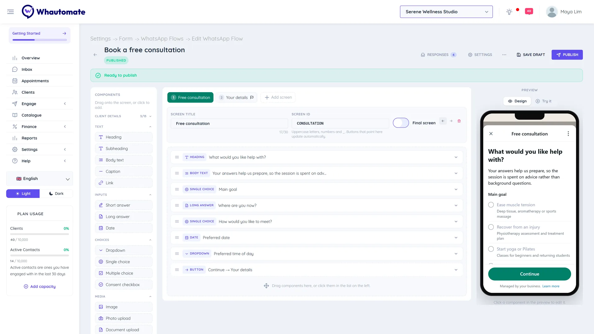 WhatsApp Flow builder for Book a free consultation with the Components palette, the screen editor and the phone preview