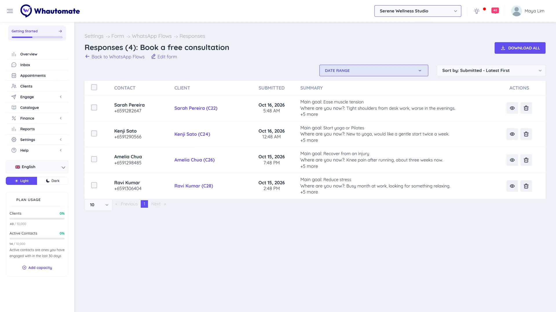 Responses for Book a free consultation listing 4 submissions with contact, linked client, submitted date and the view and delete actions