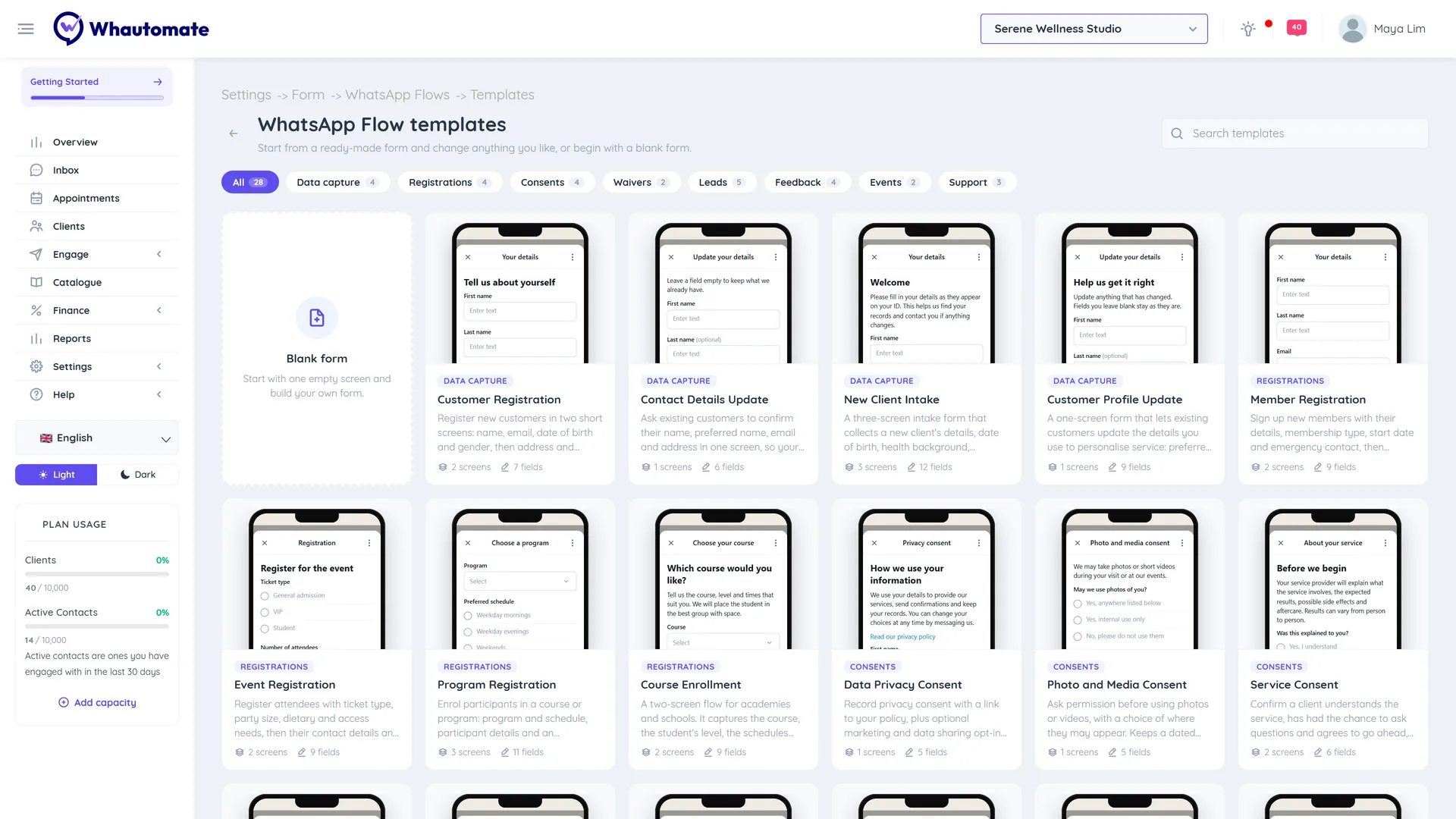WhatsApp Flow templates gallery with category filters, a Blank form card and ready-made templates
