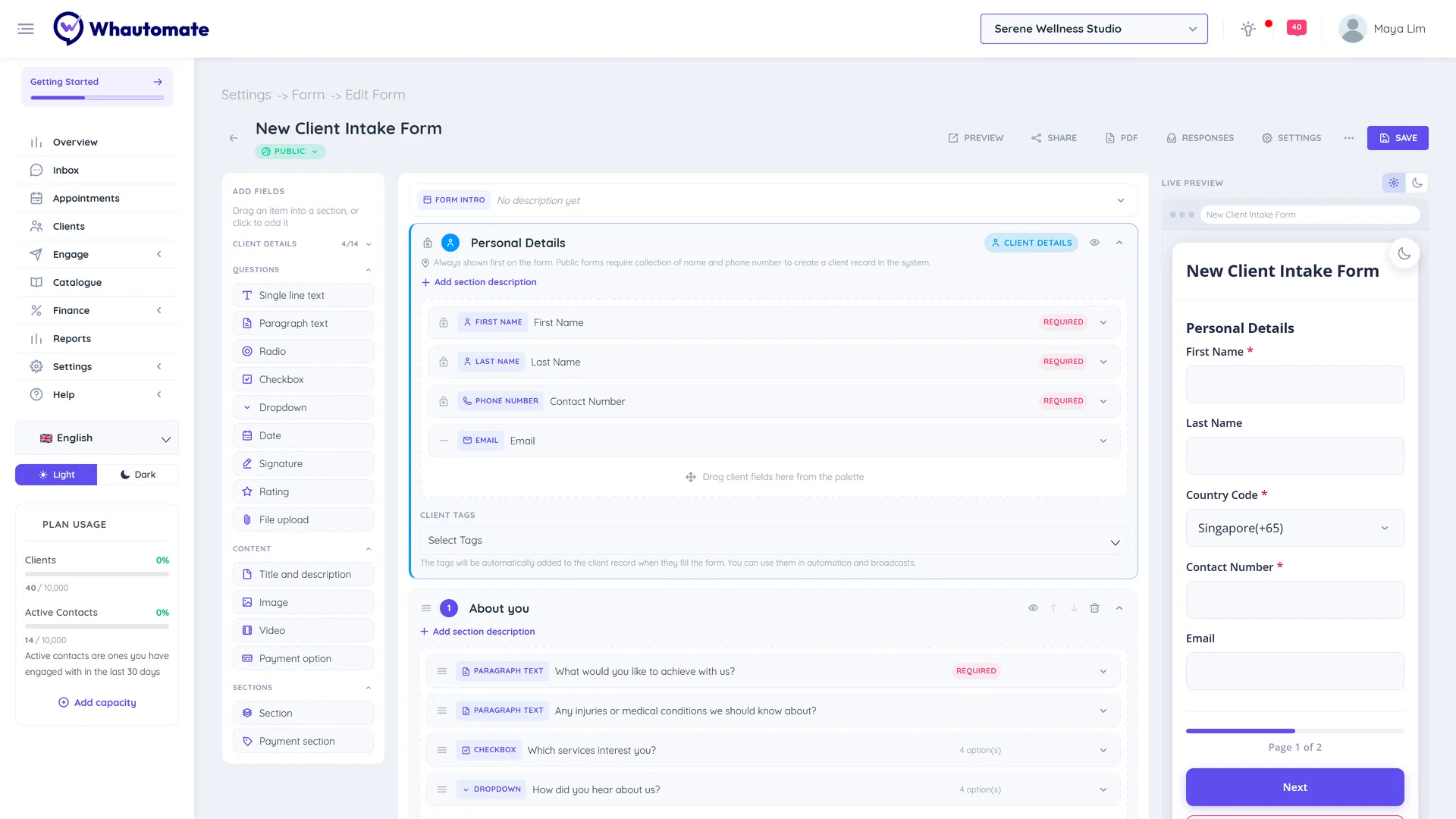 Web form builder for New Client Intake Form with the Add fields palette, client details and question sections, and the live preview