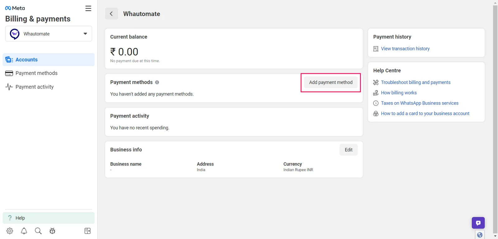 The Add payment method button in WhatsApp payment settings