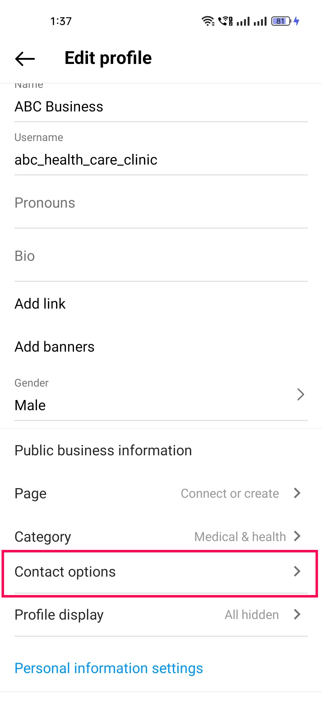 Edit profile in the Instagram app with Contact options under Public business information