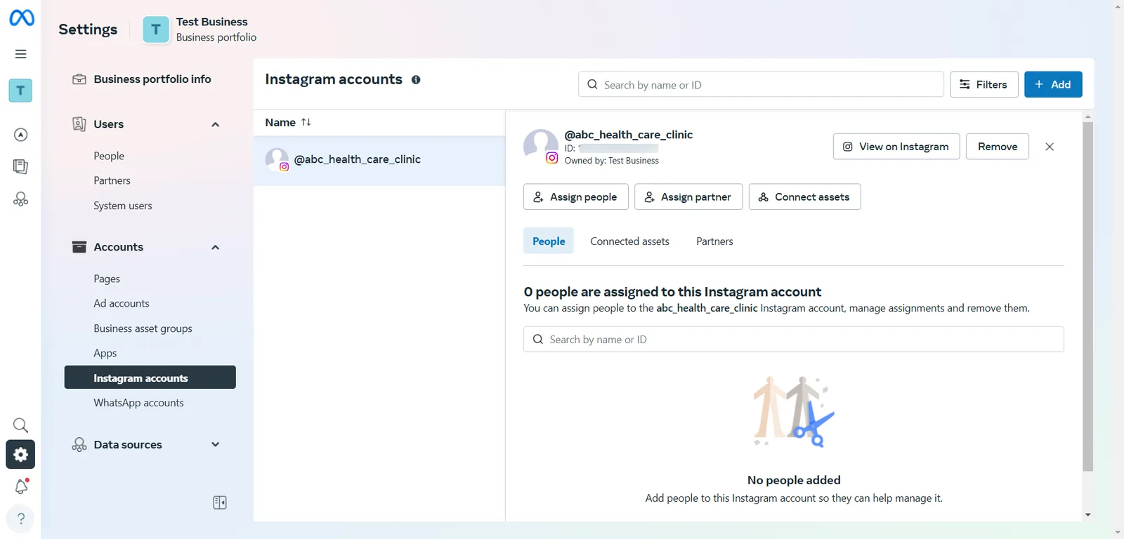 Instagram accounts in Meta Business Settings with the claimed Instagram account listed