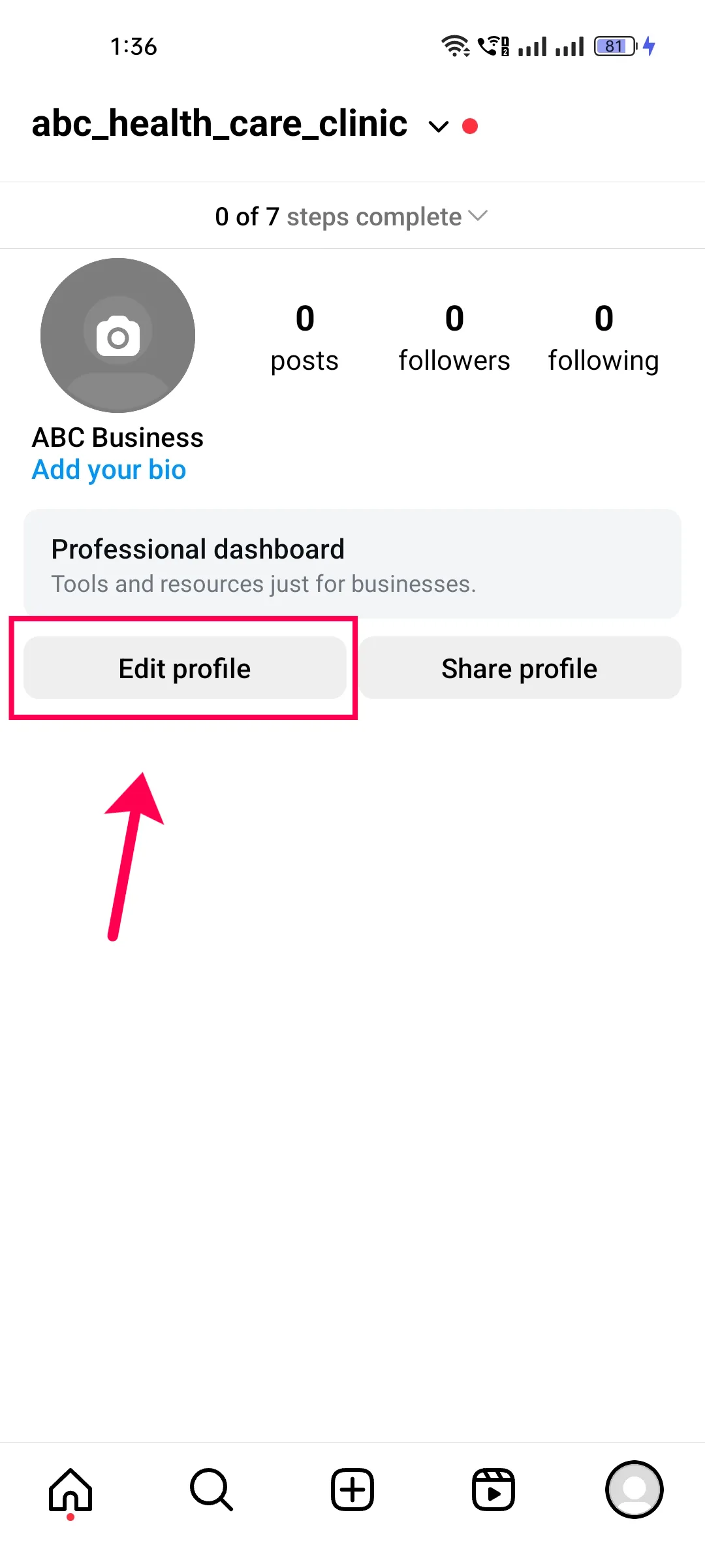 An Instagram business profile in the Instagram app with the Edit profile button