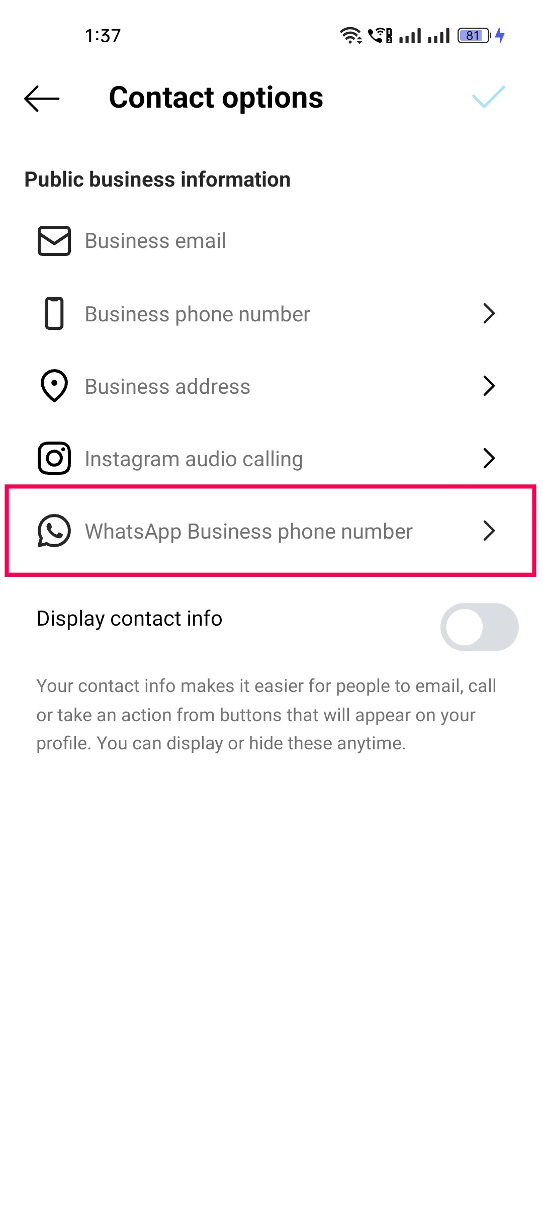 Contact options in the Instagram app with WhatsApp Business phone number