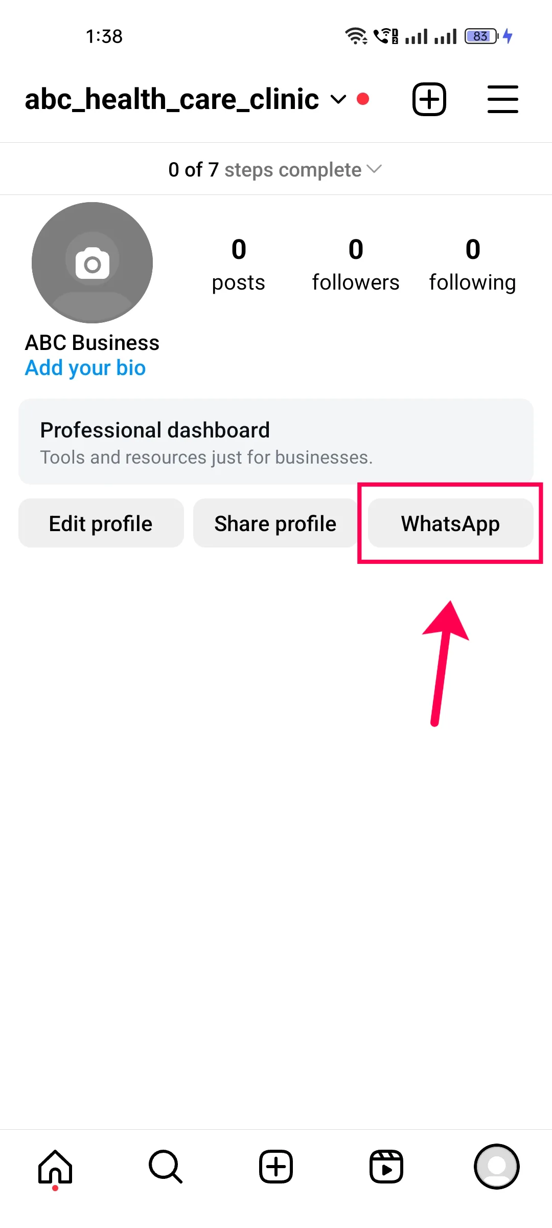 An Instagram business profile with the WhatsApp button next to Edit profile and Share profile