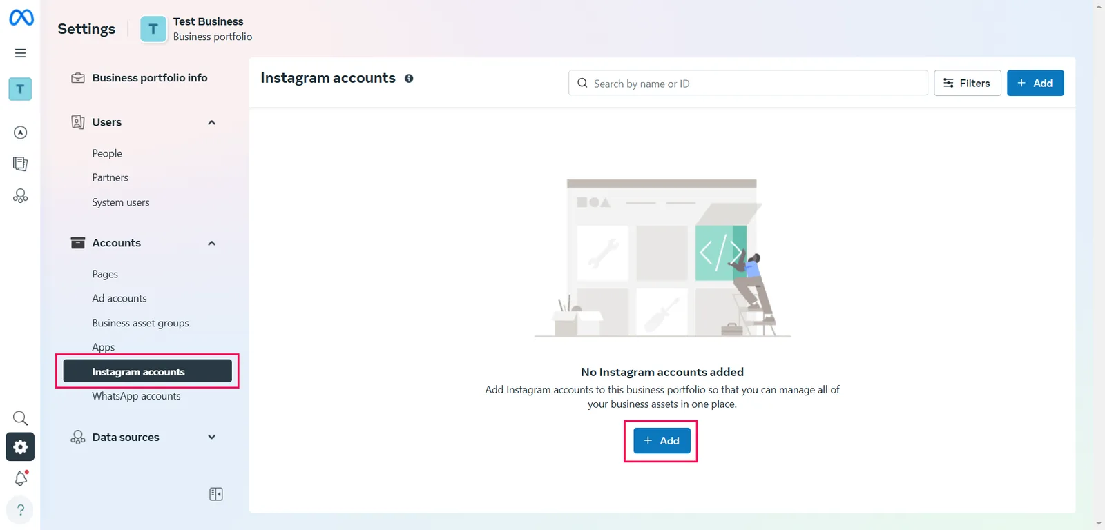 Instagram accounts in Meta Business Settings with no accounts added and the Add button